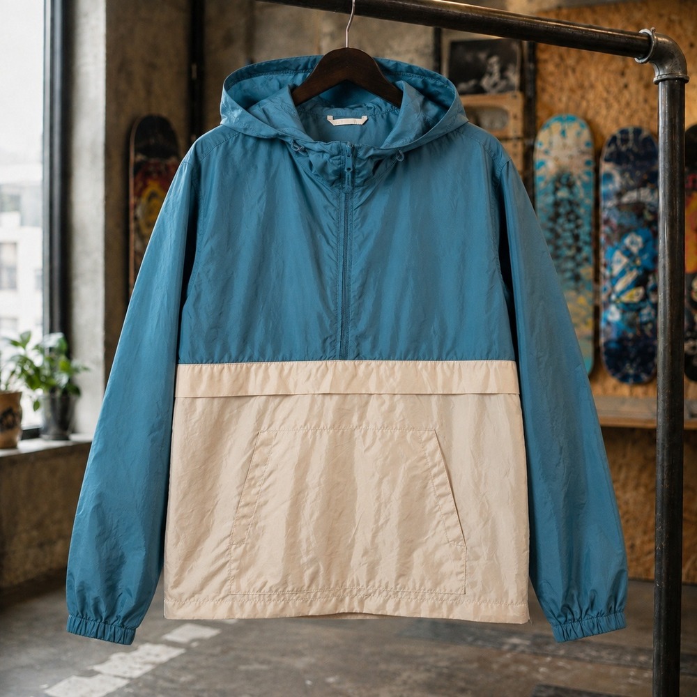 Old Navy Mens Colorblock Hooded Anorak Windbreaker Jacket Teal Tan Medium